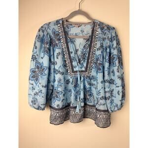 Nanette Lepore Blue Floral Boho Tassel Peasant Blouse Tie Neck M Top Spring